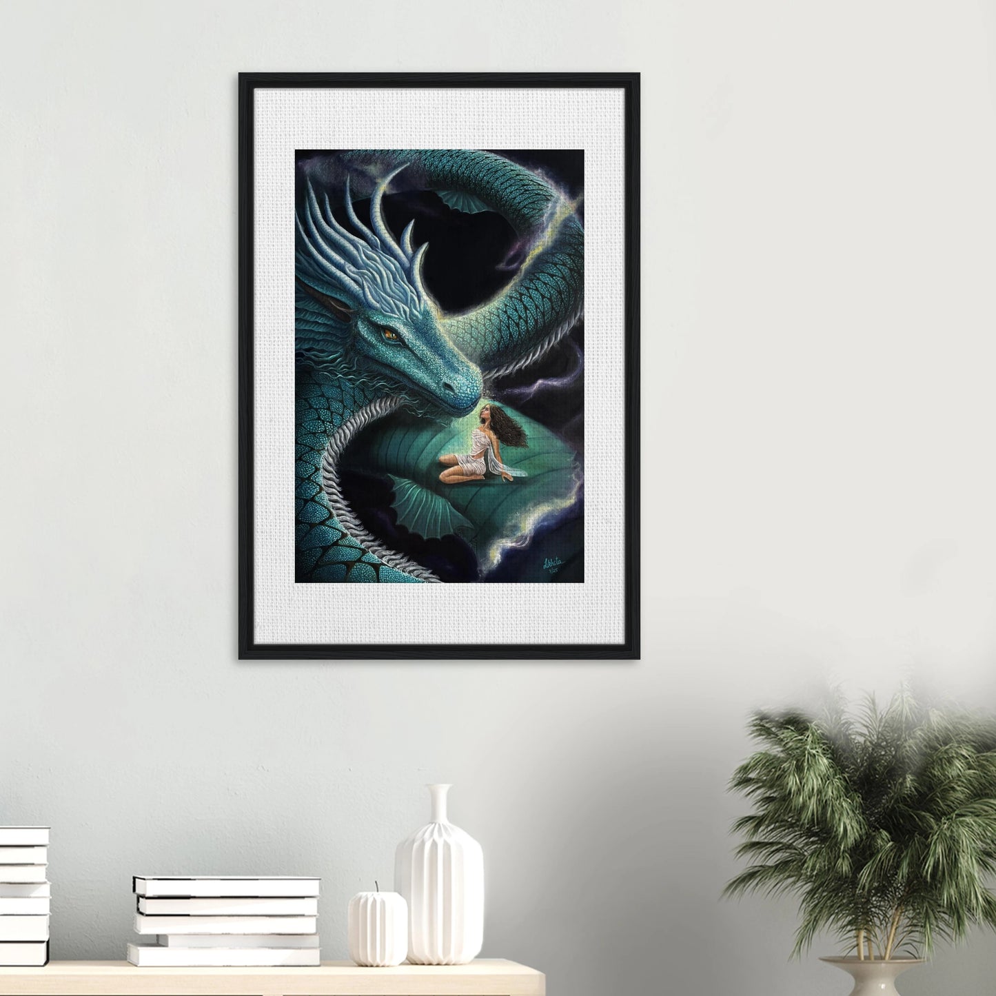 "Echoes Between Us" - Dragon and Woman Fantasy - Framed Canvas Print