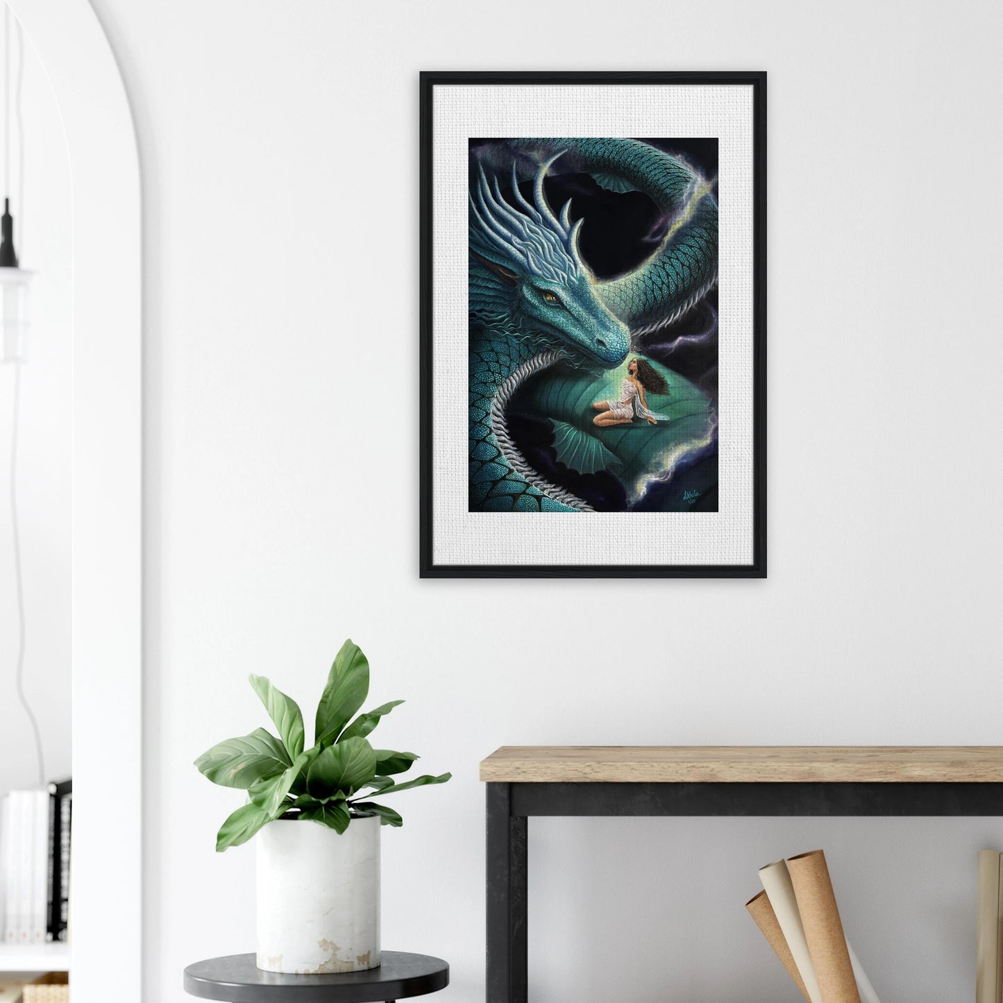 "Echoes Between Us" - Dragon and Woman Fantasy - Framed Canvas Print